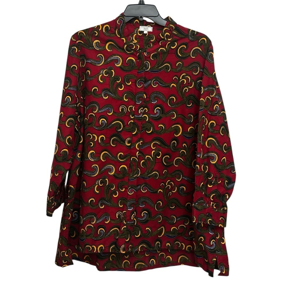 Zuri Kenya Button Down Shirt Size 2X Red Swirl Waves Print Cotton Art To Wear